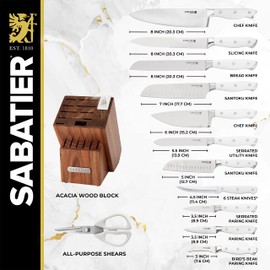 Sabatier Forged Triple Rivet Built-In Edgekeeper Sharpener, 18-Pieces, High-Carbon Stainless Steel Kitchen Knives, Razor-Sharp Knife set with Acacia Wood Block, White