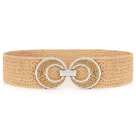 XZQTIVE Woven Elastic Belts for Women Wide Rattan Waist Belt for Summer Dress with Vintage/Round Buckle Raffia Belt, Khaki Fit Wasit Size 32"-36"