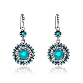 AILUOR Vintage Round Blue Sapphire Sunflower Dangle Earrings, Women Unique Retro Colourful Ethnic Bohemian Earrings Jewellery for Women, Zinc, Cubic Zirconia