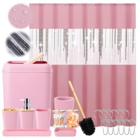 Pink Bathroom Accessories Set with Sequin Shower Curtain Pink Bathroom Decor with Trash Can,Toothbrush Holder, Toothbrush Cup,Soap Dispenser, Tray, Soap Dish,Toilet Brush