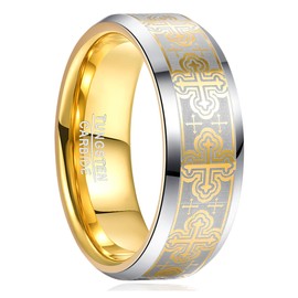 LINGMEI 8mm Mens Rings Tugsten ring Gold Ring for Men Prayer Cross Ring Tungsten Carbide Ring Wedding Ring Beveled Edge High Polished Comfort Fit Size 7