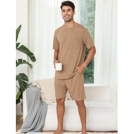 EISHOPEER Couples Knit Ribbed Sleepwear Short Sleeve Top & Shorts Pajama Lounge Set Khaki Small
