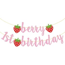 Berry First Birthday Banner, Glitter Strawberry Banner, 1st Birthday Decor (Pink) Gift - Color: pink