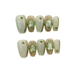 BIBII Nails Handmade Nail Tip Kit, Long 3D Nails, Green, Floral Pattern, Spring and Summer, Korea, Popular, 100% Long False Nails, Cat Eye, Magnet, 100% Handmade Nails, Luxurious, Shiny, Cute, Simple,