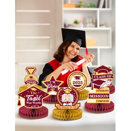 Haolongfa Graduation Table Decorations 2025, 9Pcs Graduation Centerpieces for Tables, Red Gold Honeycomb Centerpieces, 3D Congrats Grad Table Toppers for Grad Party Decorations，Class of 2025 Decor