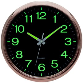 NESIFEE Glow in The Dark Wall Clock, 12 Inch Night Light Wall Clock Silent Non-Ticking, Battery Operated Wall Clocks for Living Room Kitchen Office Bedroom, Rose Gold