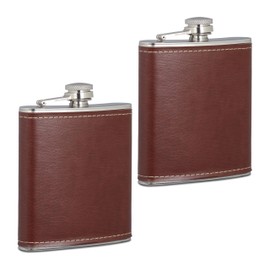 Relaxdays Hip Flask Set of 2, 200 ml, Stainless Steel Shot Container with Faux Leather Case, Small Flask, Brown/Silver