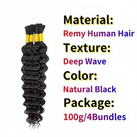 Boho Braids Human Hair,Deep Wave Bulk Human Hair For Braiding,Curly Human Hair for Boho Braids,Human Hair for Boho Knotless Braids,Boho Hair for Braiding,Natural Black Color(100g/Pack, 26 inch)