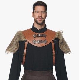 BPURB Men's Medieval Knight Leather Faux Fur Shoulder Armour Buckles Viking Warrior Adjustable Chest Harness Renaissance Costume
