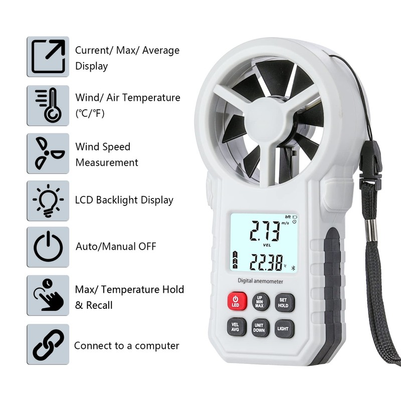 Digital Anemometer, Handheld Wind Speed Meter with Temperature/Humidity Sensor, USB