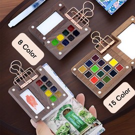 Aimery Mini Portable Watercolor Palette Set, Tiny Mini Small Paint Painting Pallete Water Color Painting Travel Art Kit with Sketchbook & Wooden 8 Grid Paint Box(Pink Panda)