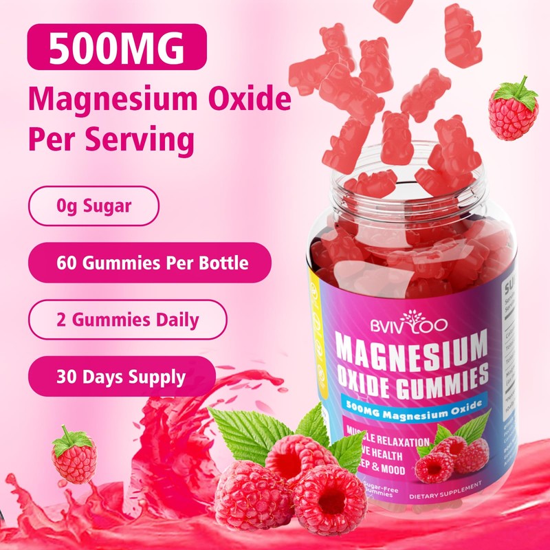 Magnesium Oxide 500mg Gummies for Vegan Sugar-Free Raspberry Flavor, Muscle