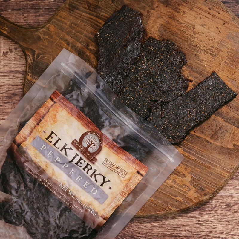Mahogany Smoked Meats: Black Peppered Elk Jerky - 8oz