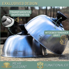 QUIRILITY Burger Bell, Stainless Steel, Set of 2, Grill Bell with Viewing Window, Melting Bell, Heat Resistant Handle, Burger Bell, Outdoor & Indoor, Bell for Smash Burgers, Food Bell, Dishwasher Safe