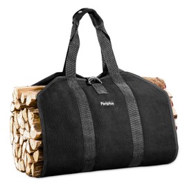 Pariplus Canvas Firewood Carrier Bag - Sturdy Log Carrier for Firewood with Handles and Security Strap, Wood Carrier for Firewood Tote for Camping Fireplace Wood Stove Accessory - Black