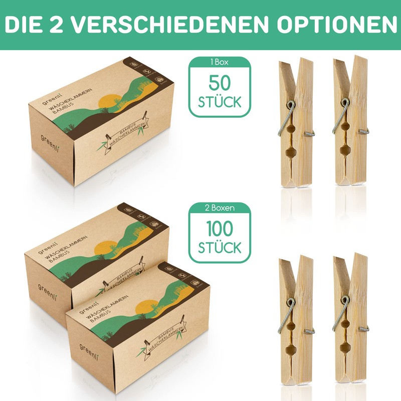 greenli® 50 x Bamboo Clothes Pegs, 6 cm, The Sustainable