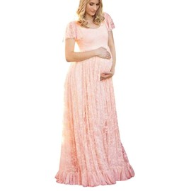 IWEMEK Women Ruched Floral Lace Maternity Photography Prop Maxi Dress Fancy Wedding Pregnancy Gown for Baby Shower Photoshoot Pink