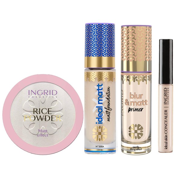Ingrid Cosmetics Makeup Set - Ideal Makeup Foundation Matt 300A Light Nude - Ideal Skin Concealer 09 - Matting Pressed Rice Powder - Matting Base Blur & Matt - Full Makeup Base