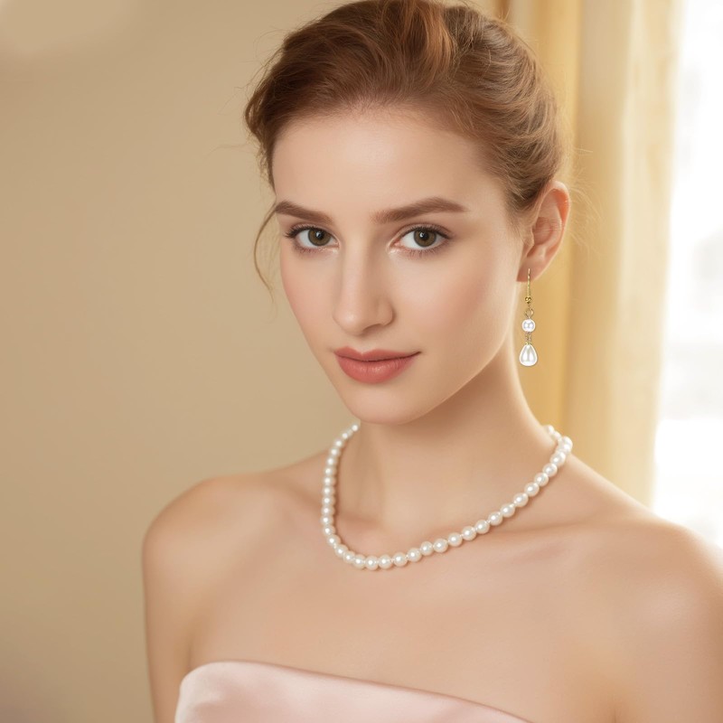 16 pcs White Pearl Earrings for Women, Bridal Pearl Drop