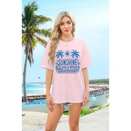 Summer Vibes Shirt Women Hawaiian Shirts Tropical Beach Summer Vacation T-Shirt Palm Tree Sunshine Graphic Tee Tops