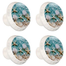 NEWzone 4 Pack Drawer Knobs Beach Starfishes Shell Cabinet Knobs Crystal Glass Knobs Pulls Handles for Kitchen Cabinet Hardware Cupboard Door Dresser Wardrobe Home Decor