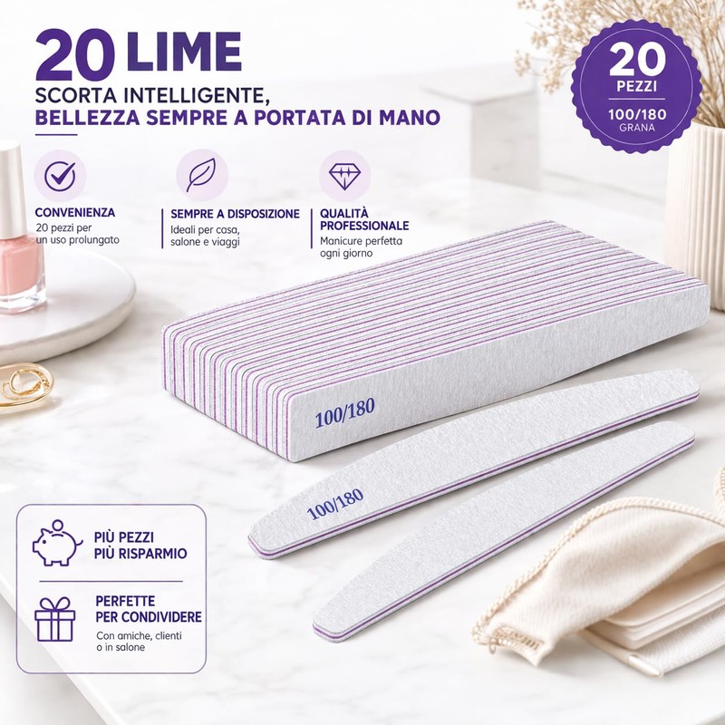 Kit 20 Lime per Unghie Professionali 100/180 | Doppia Grana