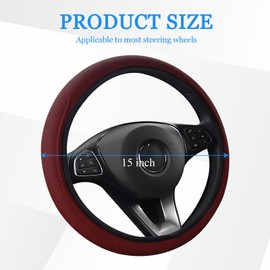 Wuyaoyao Leather Steering Wheel Cover, Anti-Slip Car Steering Wheel Covers Protector, Universal Wheels Wrap Fits 15 Inch, Interior Car Accessories Decoration for Women and Men (Wine Red)