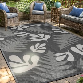 wikiwiki Outdoor Rug, 9x12ft Waterproof Reversible Mat Indoor Outdoor Rugs Carpet, Small Area Rug Plastic Straw Rug for Patio Deck Balcony Pool RV Camping Beach Picnic, Grey Leaves, Rugscape Series