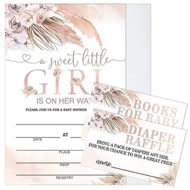 Moonle Baby Shower Invitations with Envelopes for boy, Diaper Raffle Tickets and Baby Shower Book Request Cards, a little girl Pink Pampas Grass Boho theme babyshower party supplies, Set of 25