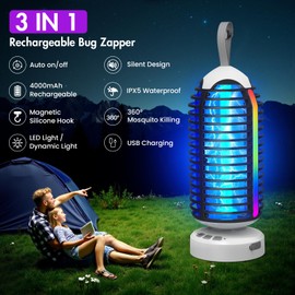 Bug Zapper Outdoor with Colorful Lighting and Auto-Sensing, 3 in 1 Cordless 4000mAh Battery Electric Fly Trap, Rechargeable Mosquito Zapper for Camping, Patios, Garden, Kitchen (2Pack-Black)