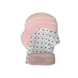 Malarkey Kids Munch Mitt Teething Mitten - The ORIGINAL Mom-Invented Silicone Teether Mitten with Travel Bag – Ideal Teething Toys for Baby Shower Gift  - Pastel Pink Hearts