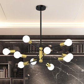 Phaosio Sputnik Chandelier 12-Light, Mid Century Modern Height Adjustable Ceiling Light Fixture for Dining Room, Kitchen Island, Living Room,Bedroom-Black and Gold