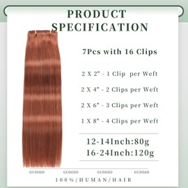 GUDOZO Remy Clip-In Real Hair Extensions Copper 7 Pieces 50 cm 120 g Dark Red Brown Invisible Hair Extensions Copper Orange Brown Extensions Auburn Ginger Skin Weft Clip Hair Extensions (20 Inches,