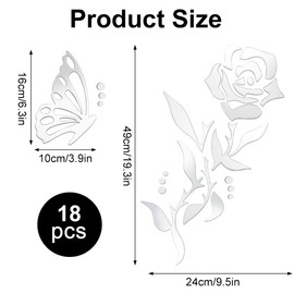 1 Set 3D Rose Mirror Wall Stickers, Acrylic Adhesive Removable Silver Wall Decor, Family Floral Art Mirror Decals Peel and Stick for Bathroom Home Living Room TV Background Sofa Backdrop Bedroom