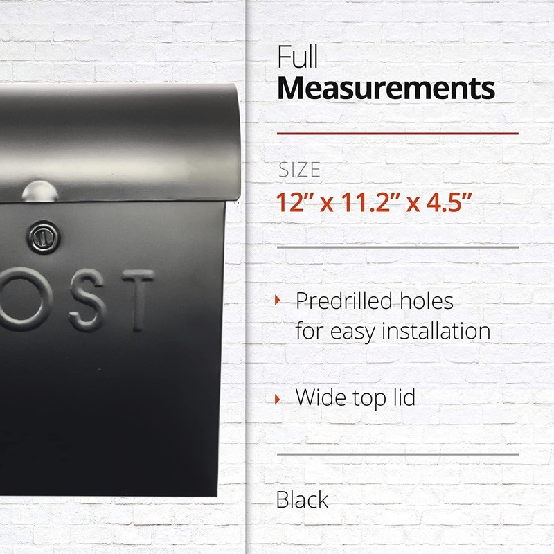 NACH Locking Black Wall Mount Mailbox, Durable Euro Black Mailboxes