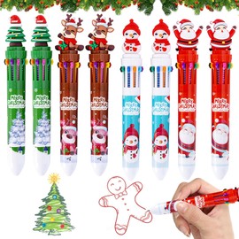 Pack of 8 Christmas Ballpoint Pens, 10-in-1 Multicoloured Pens, 10 Colours Christmas Ballpoint Pens, Retractable Pens Christmas, Small Christmas Gifts for Students, Children, Party Bag Fillers