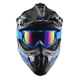 1Storm Adult Motocross Helmet ATV Dirt Bike BMX MX Downhill Mountain Helmet Track Style JH601; Track Blue + Goggles + Skeleton Blue Glove Bundle