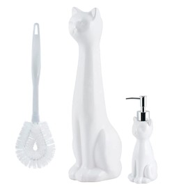 Allure Home Creation Cat 3-Piece Ceramic Toilet Brush Holder & Soap Dispenser - White Plastic Scrub Brush Included