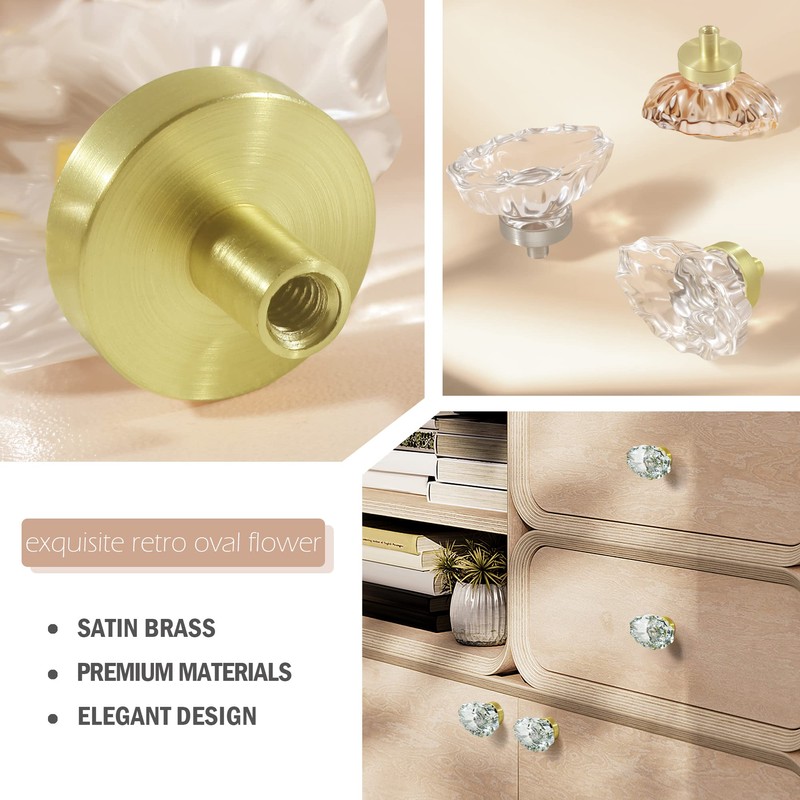 SHINY HANDLES Satin Brass Glass Cabinet Knobs,Clear Crystal Drawer Pulls