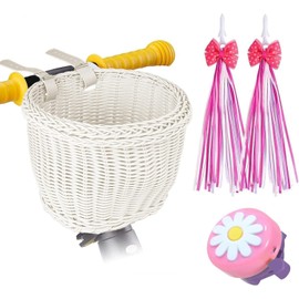 SVNR Children's Bicycle Basket, Balance Bike Basket, Braided Plastic Rattan for Boys and Girls, Easy to Assemble, Soft and Malleable, with Leather Strap, Bell, Streamers