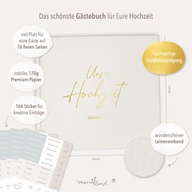 mintkind® Guest Book Wedding to Fill Out Offwhite with 4 Sticker Sheets 84 Pages for Creative Design Wedding Gifts for Bride and Groom as Wedding Decoration Golden Wedding Silver Wedding