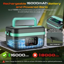 Cordless Electric Heated Lunch Box for Men Adults Women, Rechargeable Battery Powered with Automatic Self Heating, Portable Food Warmer Lunch Box for Work, Including Spoon, Insulated Carry Bag