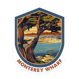 Die Cut Sticker Monterey Wharf, California, Coastal Scene, Contour Vinyl Sticker 3 to 6 inches, (Waterproof Decal for Cars, Water Bottles, Laptops, Coolers), Large