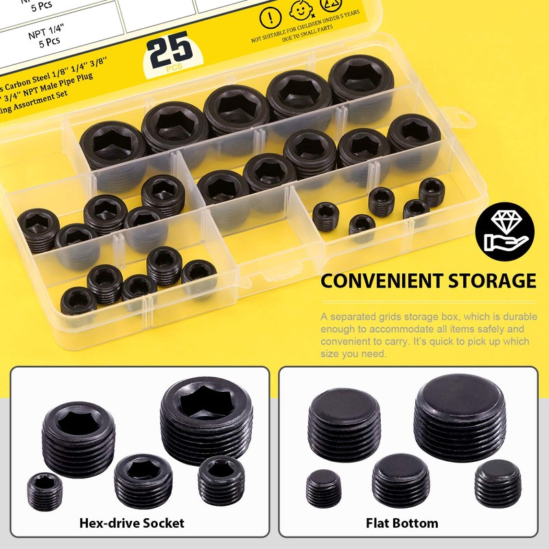 Mardatt 25Pcs NPT Plug Set Pipe Plug Assortment Kit 1/8"