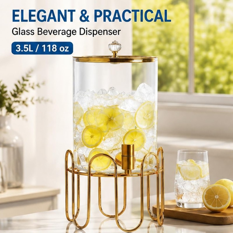 1 Gallon High Borosilicate Glass Beverage Dispenser with Glass Lid,