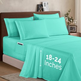 Elegant Comfort 1500 Premium Quality 6-Piece Bed Sheet Set - 18-24 Inch Extra Deep Pocket, Smart Storage Pockets, Wrinkle Free Ultra Soft 6PC Extra Deep Pocket Sheets, California King, Paradise Teal