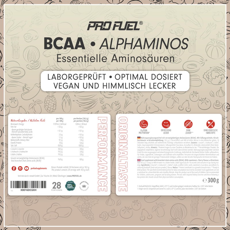 ProFuel BCAA Pulver 900g KIRSCHE - Alphaminos BCAA 2:1:1 Drink