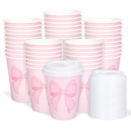 Whaline 50 Pcs Pink Bow Coffee Paper Cups Bowknot Coquette 12 Oz Disposable Cups with Lids for Hot Cold Drinks Birthday Baby Shower Bachelorette Party Supplies