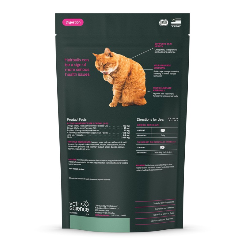 VetriScience Hairball Control Chews, Gentle Hairball Remedy for Cats, Omega-3