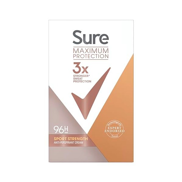 Sure Maximum Protection Sport Strength Anti-Perspirant Cream Stick 96-hour protection deodorant for 3x stronger* sweat protection 45 ml